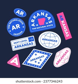 Sticker Pack. Collection of trendy pins. Set of cool patches vector design. Arkansas retro badges.