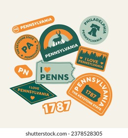 Sticker Pack. Collection of trendy pins. Set of cool patches vector design. Pennsylvania retro badges.