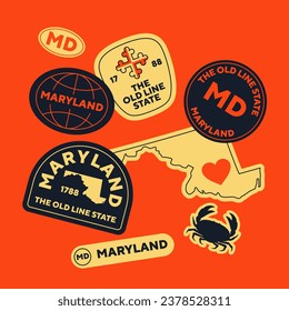 Sticker Pack. Collection of trendy pins. Set of cool patches vector design. Maryland retro badges.