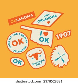 Sticker Pack. Collection of trendy pins. Set of cool patches vector design. Oklahoma retro badges.