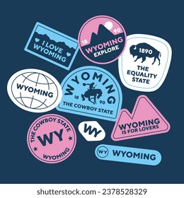 Sticker Pack. Collection of trendy pins. Set of cool patches vector design. Wyoming retro badges.