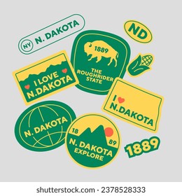 Sticker Pack. Collection of trendy pins. Set of cool patches vector design. North Dakota retro badges.