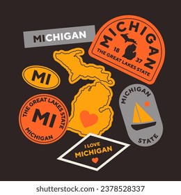 Sticker Pack. Collection of trendy pins. Set of cool patches vector design. Michigan retro badges.