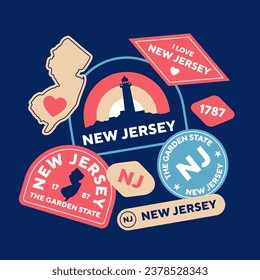 Sticker Pack. Collection of trendy pins. Set of cool patches vector design. New Jersey retro badges.