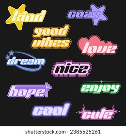 Sticker Pack. Collection of trendy pins. Set of cool y2k patches vector design. Abstract retro badges.