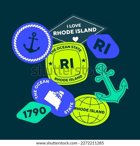 Sticker Pack. Collection of trendy pins. Set of cool patches vector design. Rhode island retro badges.