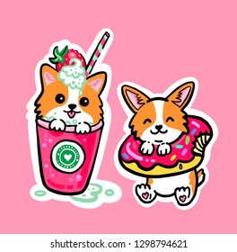 Sticker pack corgi and sweets. Corgi puppy sitting in a glass with a mint-strawberry cocktail. Cocktail with corgi. Cute corgi puppy with donut. Cool stickers.