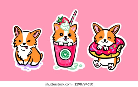 Sticker pack corgi and sweets. Corgi puppy sitting in a glass with a mint-strawberry cocktail. Cute corgi puppy with donut. Cool stickers.