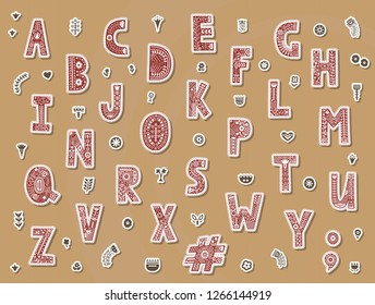Sticker pack with creative font with folk motives. Lace alphabet with florals and geometric figures inside. Vector illustration 