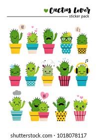 Sticker pack with cute cactuses in bright colored pots. Cartoon style emotion icons or patches or pins on white isolated background.