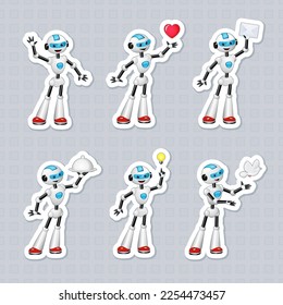 Sticker pack of cute cartoon robot in various poses with different objects. Printable vector illustration. Useful for website, mobile app, print, poster, flyer, banner, greeting card and other design 