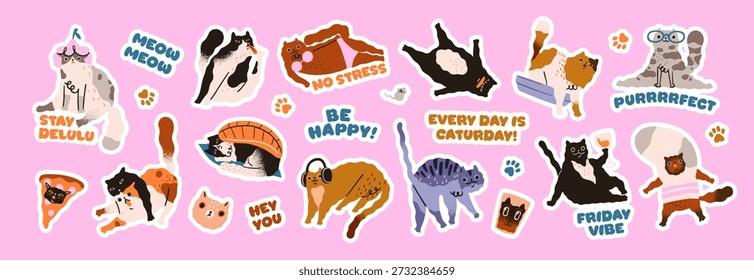 Pacote de adesivos com gatos fofos e frases em quadrinhos. Conjunto de gatinhos engraçados em diferentes poses. Gatinhos bobos e adoráveis. Animais de estimação marotos, animais domésticos fofos felizes. Ilustrações vetoriais isoladas planas
