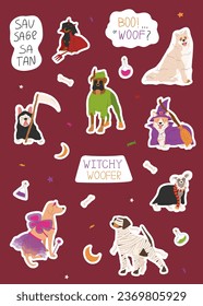 Sticker pack with cute dogs in different Halloween costumes. Happy Halloween vector illustration. Witch, devil, fairy and mummy. Hand drawn funny lettering. Ideal for holiday gifts, decorations