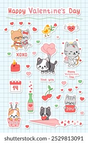 Sticker pack with cute kittens in Valentines day. Sticker set, vector, cartoon. Isolated vector illustration eps 10