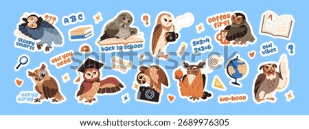 Sticker pack of cute owls with school education theme. Funny wise birds with comic phrases. Adorable owlets with books, coffee, graduate cap and magnifier. Flat isolated vector illustrations