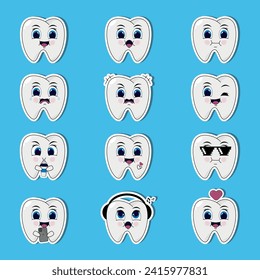 Sticker pack cute teeth on a blue background