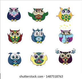 sticker pack of different colored cute owls