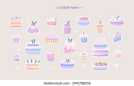 Sticker pack of different cute cakes, cupcakes, muffins and pies. Colorful food illustration set. Vector, cartoon style. All elements are isolated with white outline.