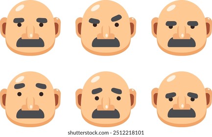 Paquete de pegatinas con diferentes emociones. Conjunto con caras de hombre calvo serio con bigote negro