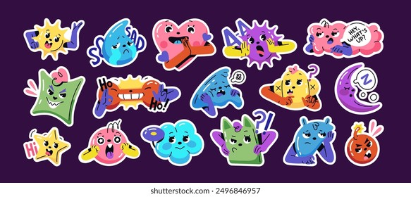 Sticker pack of different mood. Set of abstract characters with positive and negative emotions, happy or sad facial expressions. Icons of various reactions, emojis. Flat isolated vector illustrations