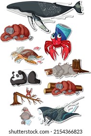 Sticker pack of different sea animals illustration