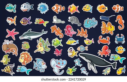 Sticker pack of different sea animals, Fish sticker icons, and drawn coloring vector.