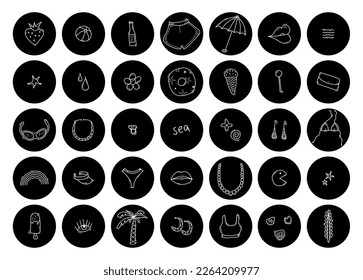 Sticker pack. Doodle trendy illustrations on balck circles. Collection of sea travel stickers. Set of cool vector design. Retro badges.