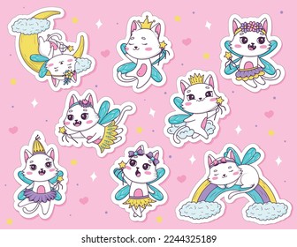 Sticker pack of drawn cute cartoon cats fairy with a magic wand in different poses in doodle style. vector illustration cat character collection