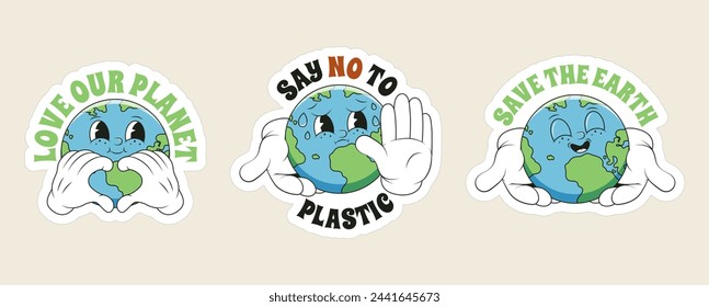 Sticker pack for Earth Day in trendy retro style. World Environment Day. Groovy 70s style vector illustration