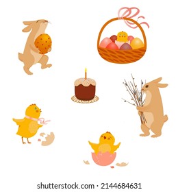 Sticker pack for Easter. Easter bunnies, chickens and painted eggs