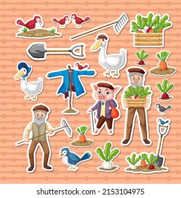 Sticker pack of farm objects and old farmer cartoon characters illustration