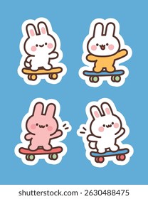 A sticker pack featuring a cute bunny riding a skateboard. High-resolution, perfect for journals, planners, crafts, scrapbooks, and chat apps