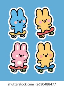 A sticker pack featuring a cute bunny riding a skateboard. High-resolution, perfect for journals, planners, crafts, scrapbooks, and chat apps