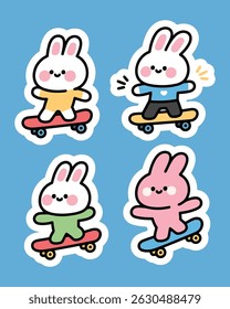 A sticker pack featuring a cute bunny riding a skateboard. High-resolution, perfect for journals, planners, crafts, scrapbooks, and chat apps