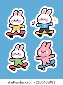 A sticker pack featuring a cute bunny riding a skateboard. High-resolution, perfect for journals, planners, crafts, scrapbooks, and chat apps