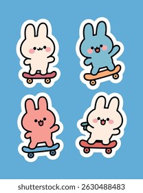A sticker pack featuring a cute bunny riding a skateboard. High-resolution, perfect for journals, planners, crafts, scrapbooks, and chat apps
