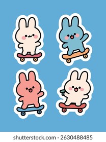 A sticker pack featuring a cute bunny riding a skateboard. High-resolution, perfect for journals, planners, crafts, scrapbooks, and chat apps