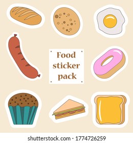 Sticker pack with food. The sticker pack has bread, a donut, fried eggs, bread and butter, a cupcake, a sausage, a sandwich, a pancake.A set of stickers can be used as illustration of food on the menu