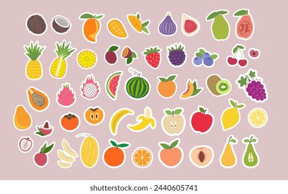 Paquete de frutas y bayas en diseño plano. Paquete de ilustraciones de frutas y bayas. Estilo sencillo.
