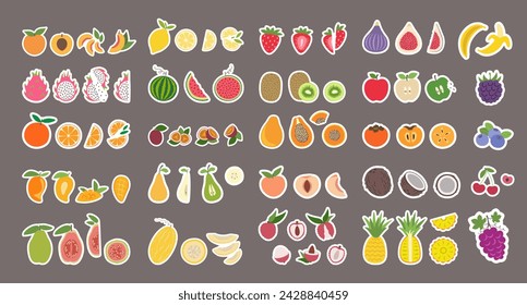 Sticker pack fruits in flat design. Pack of fruit and berry illustrations. Simple stile.