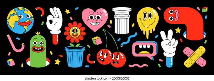Sticker pack of funny cartoon characters. Vector illustration of heart, patch, earth, berry, hands, abstract faces etc. Big set of comic elements in trendy cartoon style.