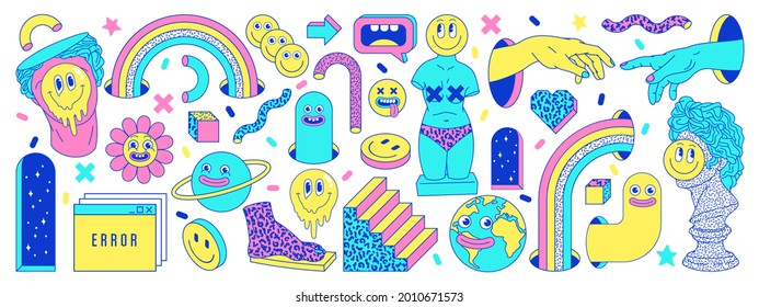 Sticker pack of funny cartoon characters, greek ancient statues, emoji and surreal elements. Vector illustration. Big set of comic elements in trendy psychedelic weird cartoon style.