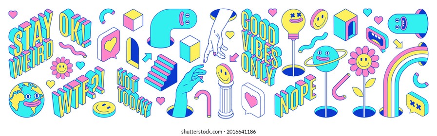 Sticker pack of funny cartoon characters, words and quotes, emoji and surreal elements. Vector illustration. Big set of comic elements in trendy psychedelic weird cartoon style.