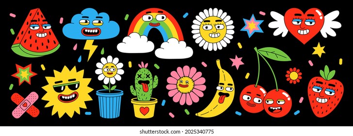Sticker pack of funny cartoon characters. Vector illustration of comic heart, sun, fruits, berry, rainbow, clouds, flower, abstract faces etc. Big set of comic elements in trendy retro cartoon style. - Shutterstock ID 2025340775
