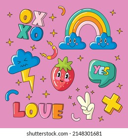 Sticker pack of funny cartoon characters. Vector illustration of comic heart, sun, fruits, berry, rainbow, clouds, flower, abstract faces etc. Big set of comic elements in trendy retro cartoon style.