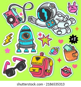 Sticker pack of funny cartoon characters. ,Vector illustration of comic astronaut ,rocket ,backpack ,star ,lip etc ,Each on a separate layer