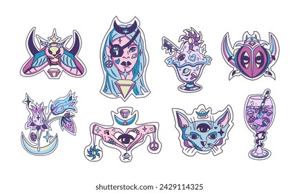 Sticker pack of funny cartoon characters and surreal elements. Vector illustration. Magic tarot cat, girl and flower. Big set of comic elements in trendy psychedelic weird cartoon style.