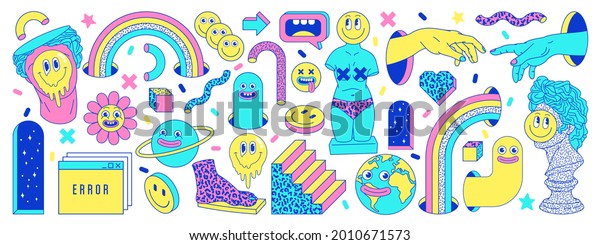 Sticker pack of\
funny cartoon characters, greek ancient statues, emoji and surreal\
elements. Vector illustration. Big set of comic elements in trendy\
psychedelic weird cartoon\
style.