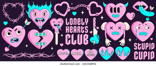 Sticker pack of funny cartoon hearts and elements. Vector illustration. Big set of comic elements in trendy psychedelic weird cartoon style. Trendy neon 2000s style. Anti valentines day conception.