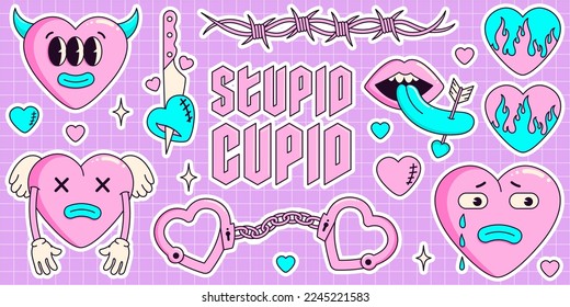 Sticker pack of funny cartoon hearts and elements. Big set of comic elements in trendy psychedelic weird cartoon style. Trendy neon 2000s style. Anti valentines day conception. Stupid cupid.